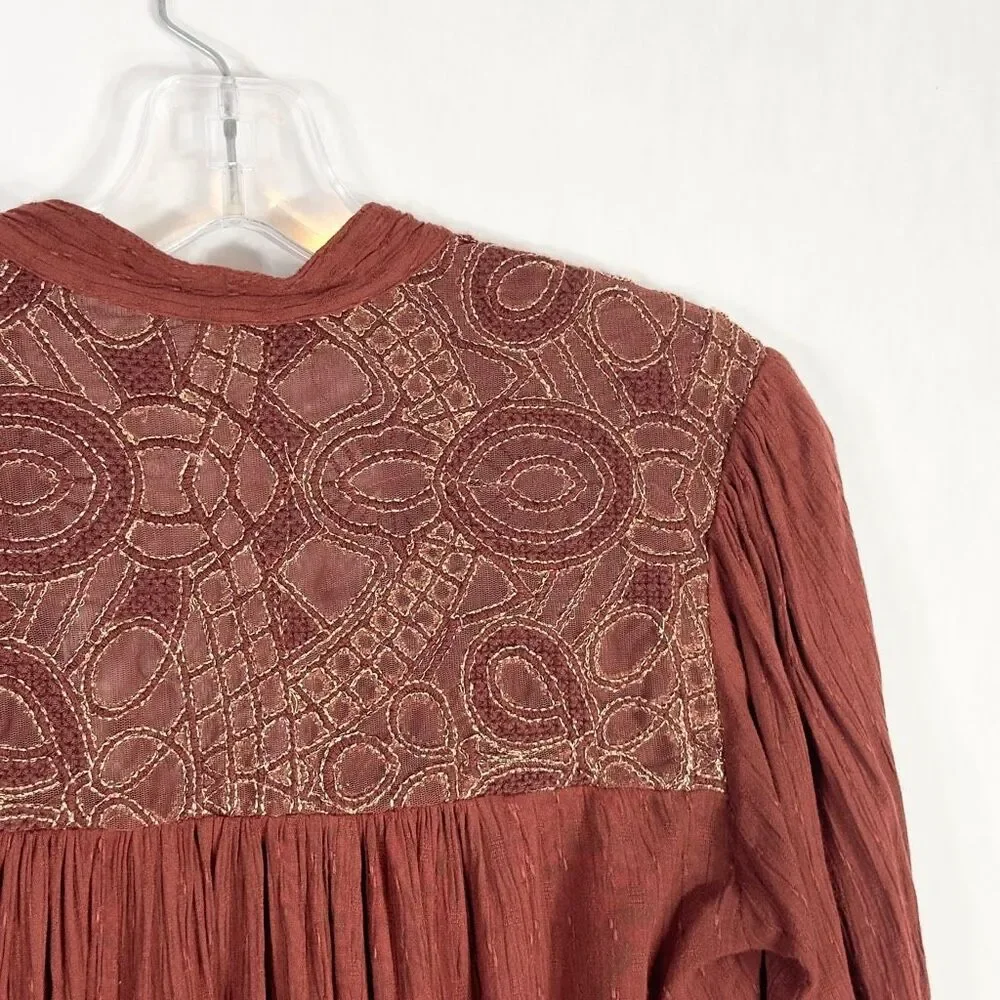 Free People XS Top Canyon Rose Shirt Boho Rust Gold Pearl Button Embroidered 675